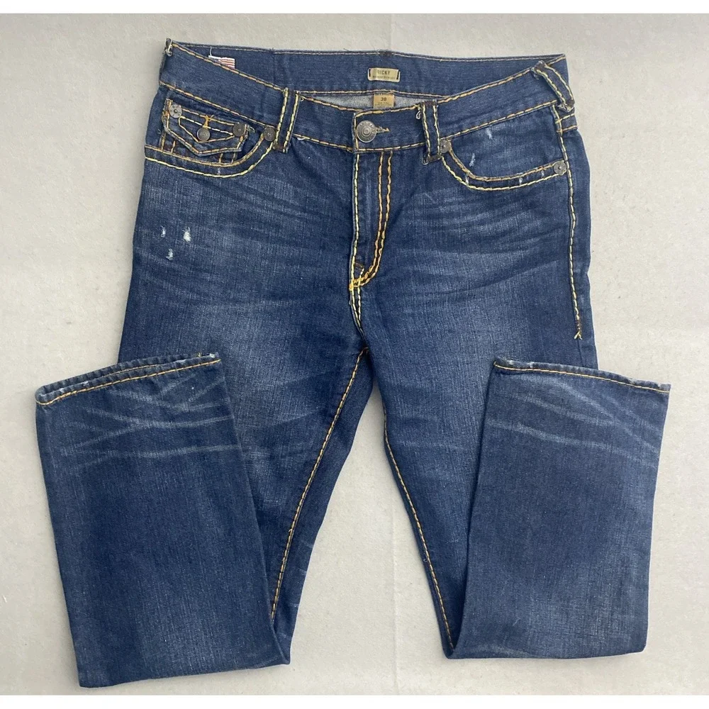 True Religion USA Men's Blue Denim Jeans Relaxed Straight 38x32 Thick Stitch
